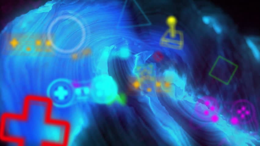 Animation of symbols and gaming consoles with dynamic wave pattern over black background. Digitally generated, hologram, illustration, arcade, video game, data, connection, futuristic and technology.
