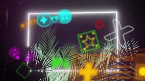 Animation of rectangle, gaming consoles and geometric shapes with plantation on abstract background. Digitally generated, hologram, illustration, symbols, arcade, video game and nature concept. - Powered by Shutterstock - Get 15% off with code: PIKWIZARD15