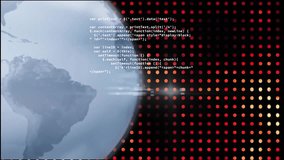 Animation of computer language and rotating globe with dots over black background. Digitally generated, hologram, coding, programming language, global communication and connection concept. - Powered by Shutterstock - Get 15% off with code: PIKWIZARD15