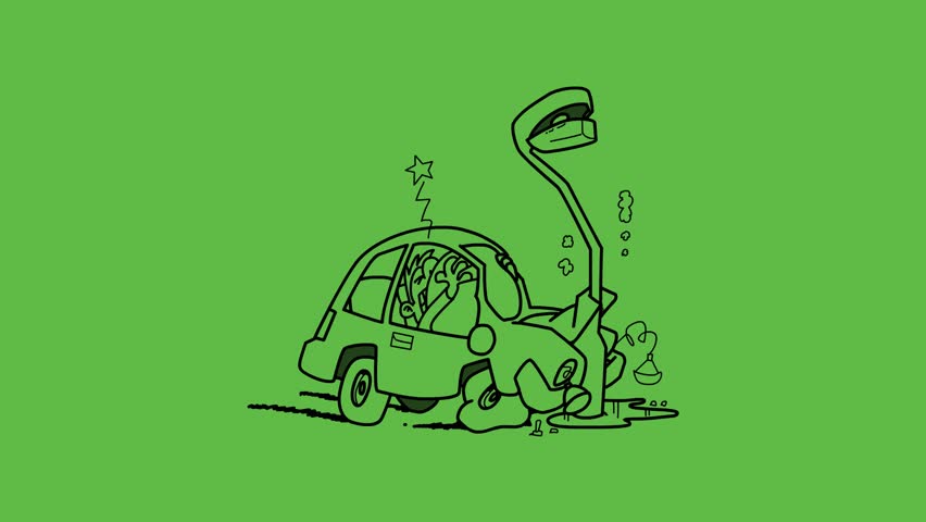 draw accident scene where car struck in electric pole and crash bumper badly with black outline on abstract green screen background   
