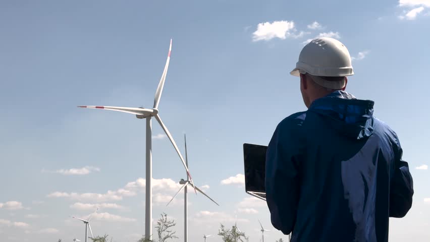 Engineer inspects wind turbine laptop. Windmill maintenance worker on wind farm. Wind engineer hardhat monitors wind turbine performance. Renewable energy windmill turbine engineer. energy concept.