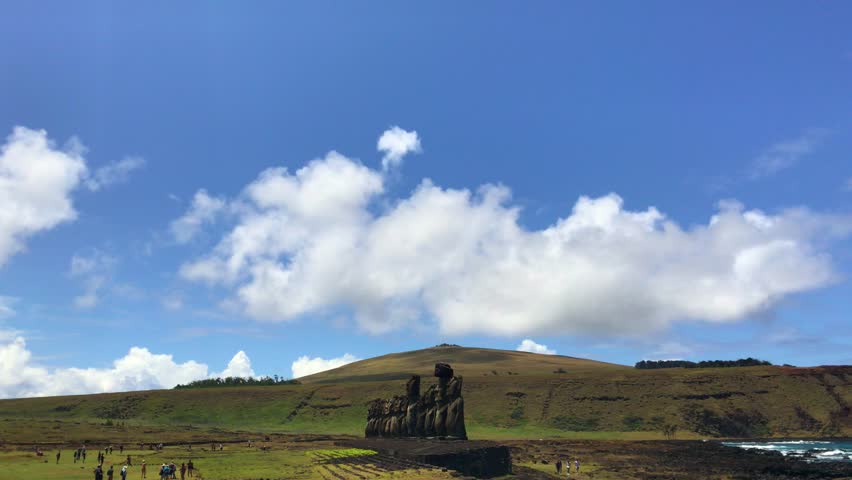 A beautiful sunny landscape from Ahu Tongariki Moai in a summer day in Easter Island, Rapa Nui, Polynesia, Chile, Latin America. Video with copy space.
