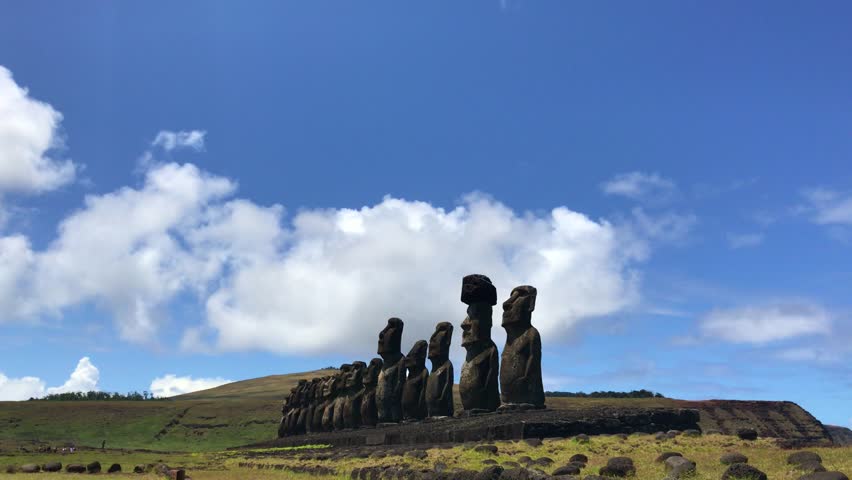 A beautiful sunny landscape from Ahu Tongariki Moai in a summer day in Easter Island, Rapa Nui, Polynesia, Chile, Latin America. Video with copy space.