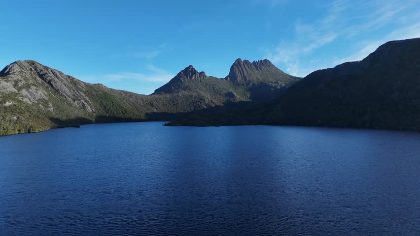 Dove Lake with Cradle Mountain in background, Tasmania, Australia. Aerial forward ascending and copy space