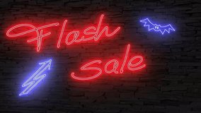 red neon sign FLASH SALE next to purple neon sign bat and flash, on dark brick wall background, slight flickering, landscape, fluorescent lights, retro neon lights, perfect for marketing online - Powered by Shutterstock - Get 15% off with code: PIKWIZARD15