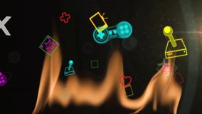 Animation of shapes, symbols, icons and gaming consoles over flame against black background. Digital composite, multiple exposure, fire, abstract, arcade and video game concept. - Powered by Shutterstock - Get 15% off with code: PIKWIZARD15