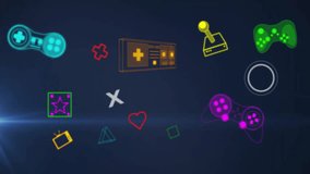 Animation of symbols, geometric shapes and gaming consoles over wave pattern. Digitally generated, hologram, illustration, illuminated, arcade, video game and technology concept. - Powered by Shutterstock - Get 15% off with code: PIKWIZARD15