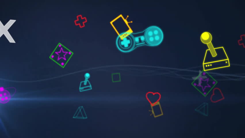 Animation of symbols, geometric shapes and gaming consoles over wave pattern. Digitally generated, hologram, illustration, illuminated, arcade, video game and technology concept.