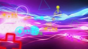 Animation of geometric shape and gaming consoles over illuminated dynamic waves. Digitally generated, hologram, illustration, data, connection, futuristic, arcade, video game and technology concept. - Powered by Shutterstock - Get 15% off with code: PIKWIZARD15