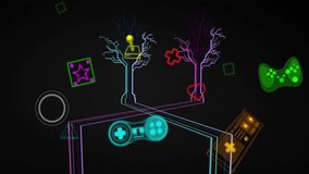 Animation of abstract pattern with falling symbols and gaming consoles over black background. Digitally generated, hologram, illustration, illuminated, arcade, video game and technology concept. - Powered by Shutterstock - Get 15% off with code: PIKWIZARD15