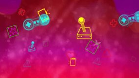 Animation of geometric shapes, icons and gaming consoles over abstract background. Digitally generated, hologram, illustration, illuminated, arcade, video game and technology concept. - Powered by Shutterstock - Get 15% off with code: PIKWIZARD15