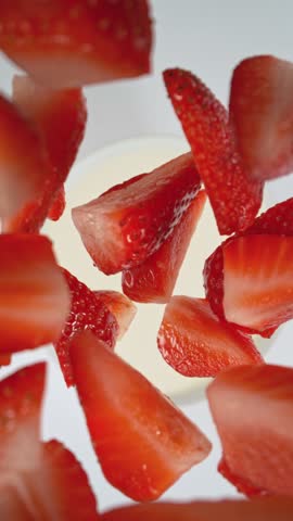Super slow motion of strawberries falling into cream. Filmed on high speed cinema camera with movement and rotation, 1000fps.