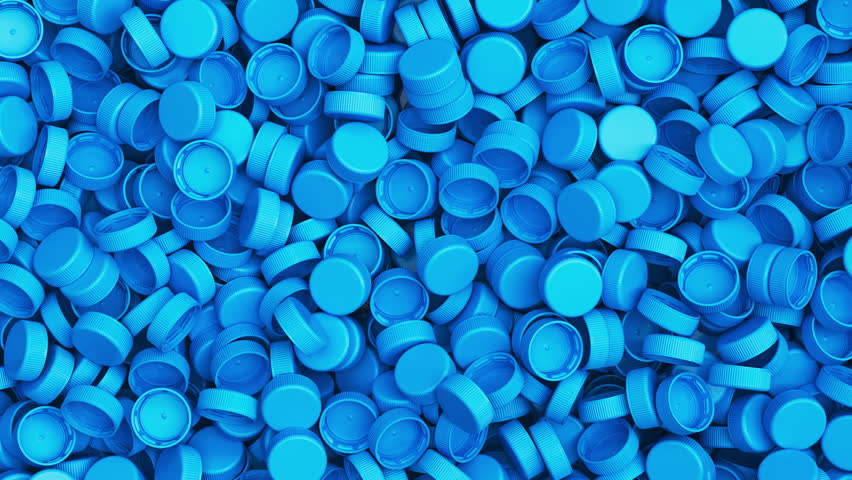 Pan over a pile of blue plastic bottle caps. Plastic industry product. Garbage reuse. 3d render. 3D Illustration
