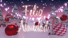 Animation of snowfall over baubles, stick, bell, feliz navidad text, trees against night sky. Digitally generated, hologram, illustration, decoration, christmas, winter, holiday and celebration. - Powered by Shutterstock - Get 15% off with code: PIKWIZARD15