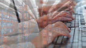 Animation of aerial view of warehouse, midsection of diverse coworkers typing on keyboard at office. Digital composite, multiple exposure, shipping, inventory, distribution and technology concept. - Powered by Shutterstock - Get 15% off with code: PIKWIZARD15