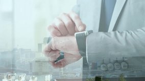 Animation of cityscape, notification bar over caucasian businessman scrolling on smartwatch. Digital composite, multiple exposure, architecture, social media reminder and technology concept. - Powered by Shutterstock - Get 15% off with code: PIKWIZARD15