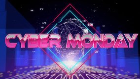 Animation of cyber monday text, connected dots globe in rhombuses over 3d model of buildings. Digitally generated, hologram, communication, globalization, architecture, sale and marketing concept. - Powered by Shutterstock - Get 15% off with code: PIKWIZARD15