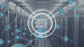 Animation of changing numbers in circles, connected icons over data server room. Digital composite, multiple exposure, communication, business, growth, data center, networking, technology. - Powered by Shutterstock - Get 15% off with code: PIKWIZARD15