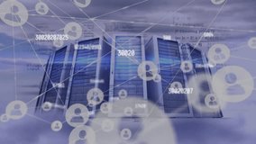 Animation of changing numbers and connected icons over data server racks against dense clouds. Digital composite, multiple exposure, communication, growth, data center, networking and technology. - Powered by Shutterstock - Get 15% off with code: PIKWIZARD15