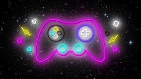 Animation of geometric shapes and lightning around gaming console with stars over black background. Digitally generated, hologram, illustration, illuminated, video game and technology concept. - Powered by Shutterstock - Get 15% off with code: PIKWIZARD15