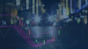 Animation of multiple graphs with changing numbers over low angle view of moving vehicle on street. Digital composite, multiple exposure, report, business, growth and transportation concept. - Powered by Shutterstock - Get 15% off with code: PIKWIZARD15