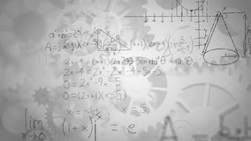 Animation of mathematical equation and diagrams with mechanicals gears over white background. Digitally generated, hologram, illustration, formula, mechanism, solution and education concept. - Powered by Shutterstock - Get 15% off with code: PIKWIZARD15