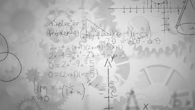 Animation of mathematical equation and diagrams with mechanicals gears over white background. Digitally generated, hologram, illustration, formula, mechanism, solution and education concept. - Powered by Shutterstock - Get 15% off with code: PIKWIZARD15