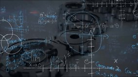 Animation of mathematical equations and diagrams over moving mechanical gears on table. Digitally generated, hologram, illustration, mechanism, formulas, solutions and education concept. - Powered by Shutterstock - Get 15% off with code: PIKWIZARD15