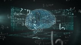 Animation of mathematical equations and diagrams with digital human brain over abstract background. Digitally generated, hologram, formulas, education, anatomy, artificial intelligence and technology. - Powered by Shutterstock - Get 15% off with code: PIKWIZARD15