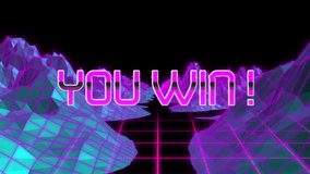 Animation of you win text over mountains on grid pattern against black background. Digitally generated, hologram, illustration, winner, arcade, three dimensional, video game and technology concept. - Powered by Shutterstock - Get 15% off with code: PIKWIZARD15