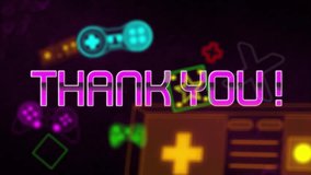 Animation of thank you text with geometric shapes and gaming consoles over black background. Digitally generated, hologram, illustration, gratitude, arcade, video game and technology concept. - Powered by Shutterstock - Get 15% off with code: PIKWIZARD15
