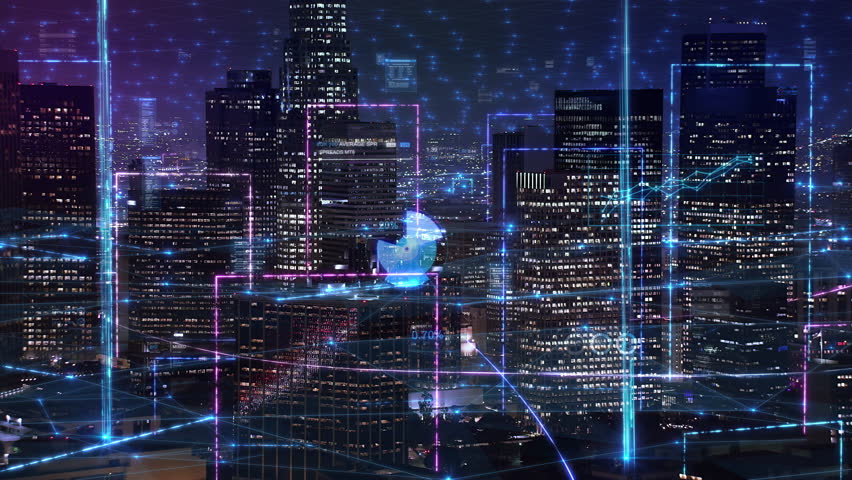 City Skyline At Night With Glowing Digital Charts And Data Representing Technological Integration. Aerial Futuristic High-Tech Financial Hub With Global Connections. - Powered by Shutterstock - Get 15% off with code: PIKWIZARD15