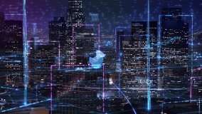 City Skyline At Night With Glowing Digital Charts And Data Representing Technological Integration. Aerial Futuristic High-Tech Financial Hub With Global Connections. - Powered by Shutterstock - Get 15% off with code: PIKWIZARD15