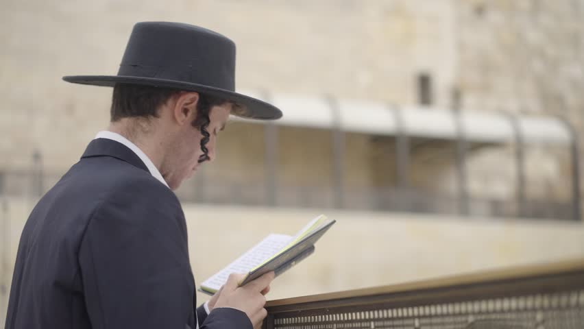 Jewish Prayer at Western Wall, Jerusalem, Israel. A religious man in black suit and hat reads from a holy book. He has traditional side curls. He is filmed from the side with selective focus.