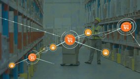 Animation of connected icons, caucasian workers with cardboard boxes on trolley looking at inventory. Digital composite, multiple exposure, communication, shopping, distribution and technology. - Powered by Shutterstock - Get 15% off with code: PIKWIZARD15