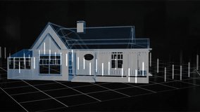 Animation of graph and changing numbers, 3d model of house on grid pattern over black background. Digitally generated, hologram, illustration, report, business, three dimensional and architecture. - Powered by Shutterstock - Get 15% off with code: PIKWIZARD15
