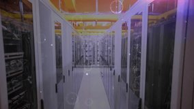 Animation of connected dots and lens flares over data server racks in server room. Digital composite, multiple exposure, communication, data center, network security, networking, technology concept. - Powered by Shutterstock - Get 15% off with code: PIKWIZARD15