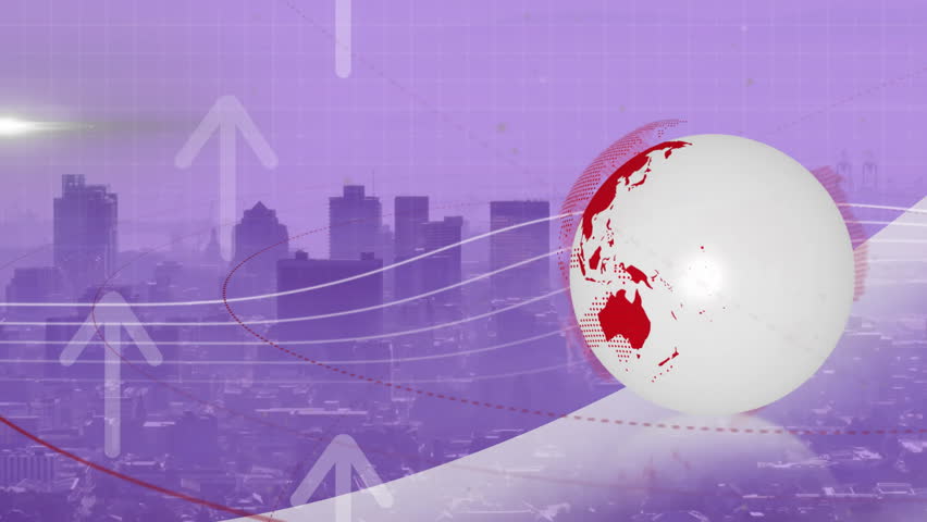 Animation of rotating globe and up arrows over modern city against sky. Digital composite, multiple exposure, business, growth, direction, globalization, building and architecture concept. - Powered by Shutterstock - Get 15% off with code: PIKWIZARD15