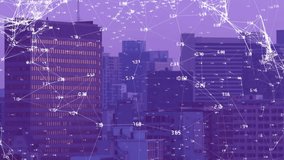 Animation of numbers around connected dots over aerial view of modern buildings against sky. Digital composite, multiple exposure, digits, communication, architecture and technology concept. - Powered by Shutterstock - Get 15% off with code: PIKWIZARD15