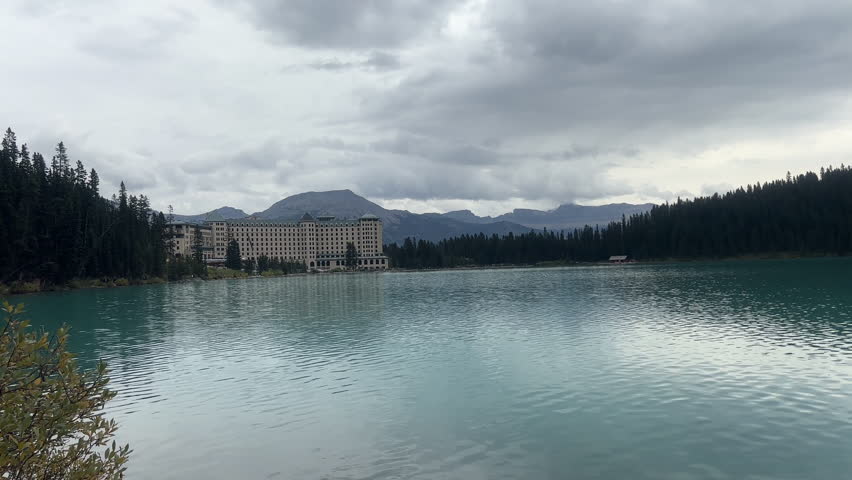 Static shot of Chateau Lake Louise on cloudy day, Banff, Canada