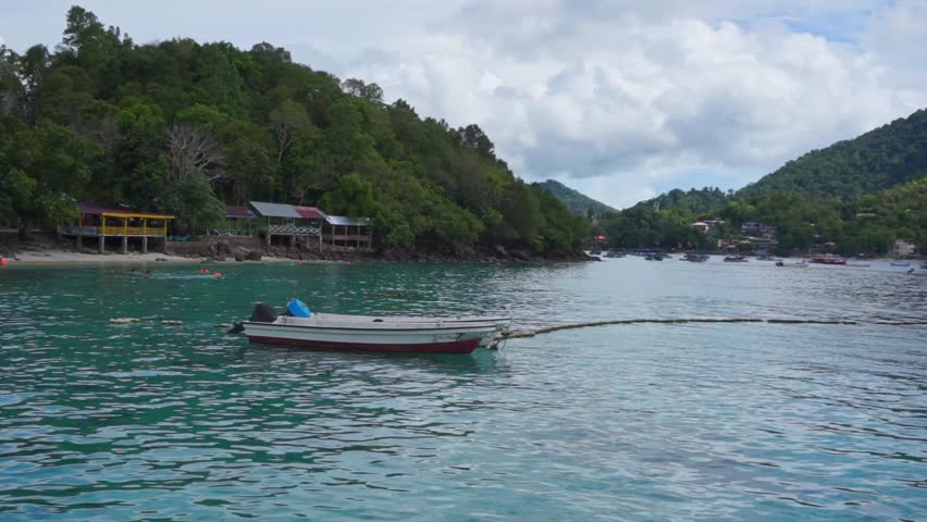 Tour boat for tourist and divers. Landscape of Weh island and Rubiah island. Beautiful landcape of Sabang Island in Sumatera Indonesia.