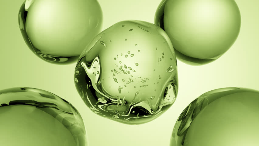 3D Animation of Molecular Droplets with Transparent Air Bubbles on Green Background: Designed for Beauty Marketing, Scientific Research, and Advanced Skincare Advertisements