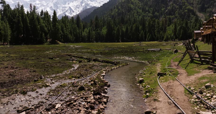 Scenic Aerial View Above Fairy Meadows Campground, Reveals Nanga Parbat Mountain