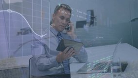 Animation of trading boards, caucasian man looking at digital tablet while talking on cellphone. Graphs, digital composite, report, business, stock market, communication and technology concept. - Powered by Shutterstock - Get 15% off with code: PIKWIZARD15