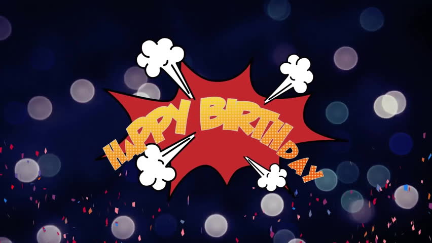 Animation of falling confetti, happy birthday text in speech bubble over lens flares in background. Digitally generated, hologram, illustration, party, event, greeting and celebration concept. - Powered by Shutterstock - Get 15% off with code: PIKWIZARD15