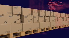 Animation of cardboard boxes and computer language against black background. Digital composite, multiple exposure, coding, programming language, shipping, distribution and technology concept. - Powered by Shutterstock - Get 15% off with code: PIKWIZARD15