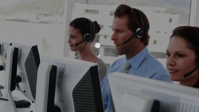 Animation of connected icons, diverse call center agents solving customer queries over headsets. Digital composite, multiple exposure, communication, support, assistance and technology concept. - Powered by Shutterstock - Get 15% off with code: PIKWIZARD15