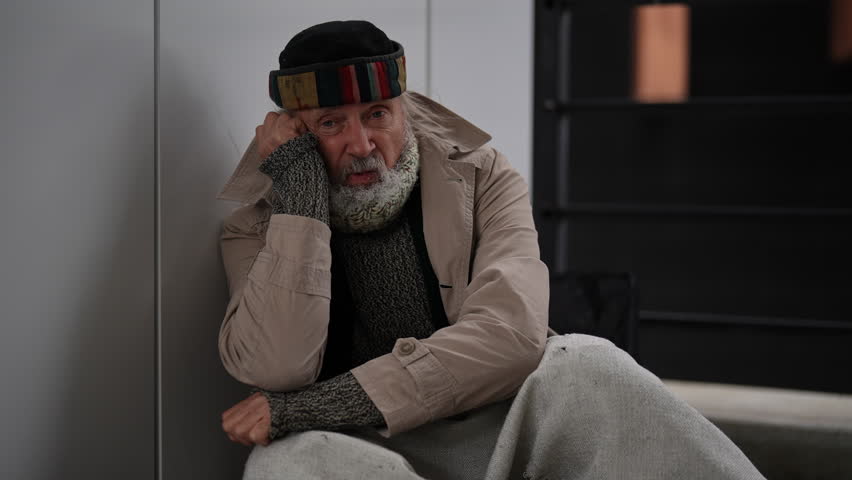 Homeless elderly man in warm hat crouching outside alone on cold autumn day, face reflecting worry and despair, showing social challenges of poverty and unemployment in urban areas, slow motion.
