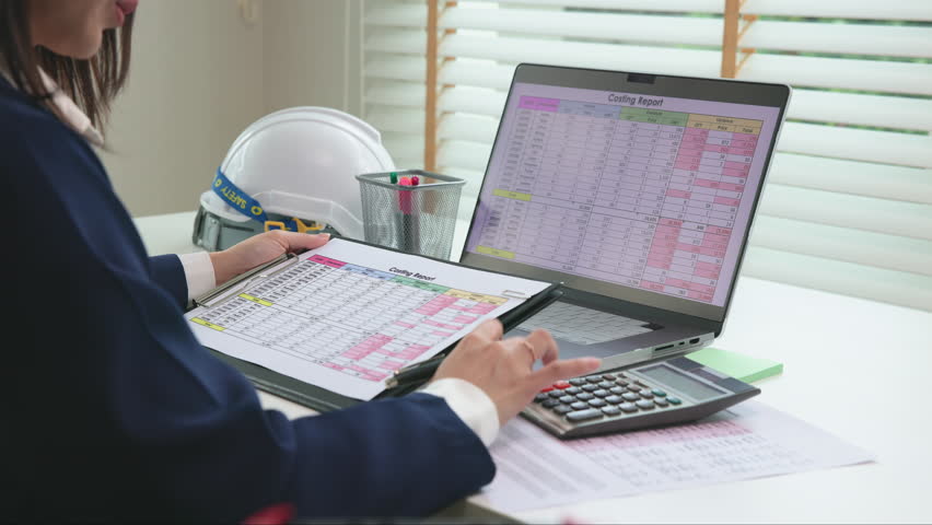 Expert woman asian female people review data number costing managerial account prepare monthly actual cost variance report at tax audit office. ESG sheet budget control ERP process service project.