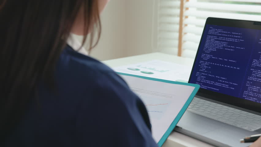 Smart AI cyber bot deep tech tools help write BI prompt code screen. Asia people asian IT woman typing busy work on predict big data mining center office reskill upskill STEM expert skill job course.